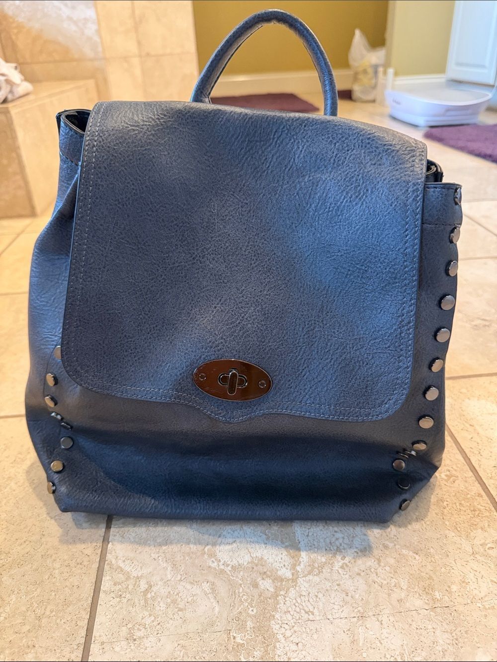 Stud-Trim Faux-Leather Navy Backpack Tote